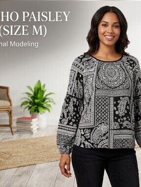 ​LOFT Black White Mixed Paisley Medallion Peasant Blouse Size M